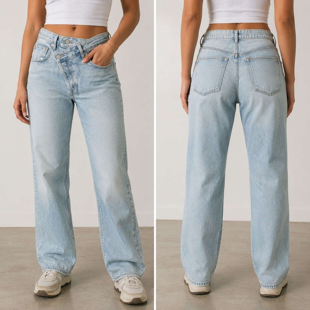 AGOLDE Criss Cross Upsized‎ Straight Jeans Women 26 Light Wash Asymmetrical Fly